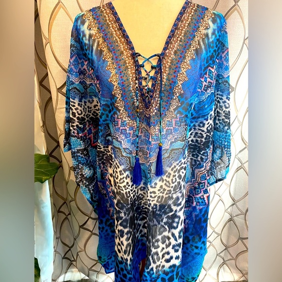 NWT True Colours by La Moda Blue Cat Maxi Swim Cover Up Caftan Dress One SZ - Picture 2 of 10